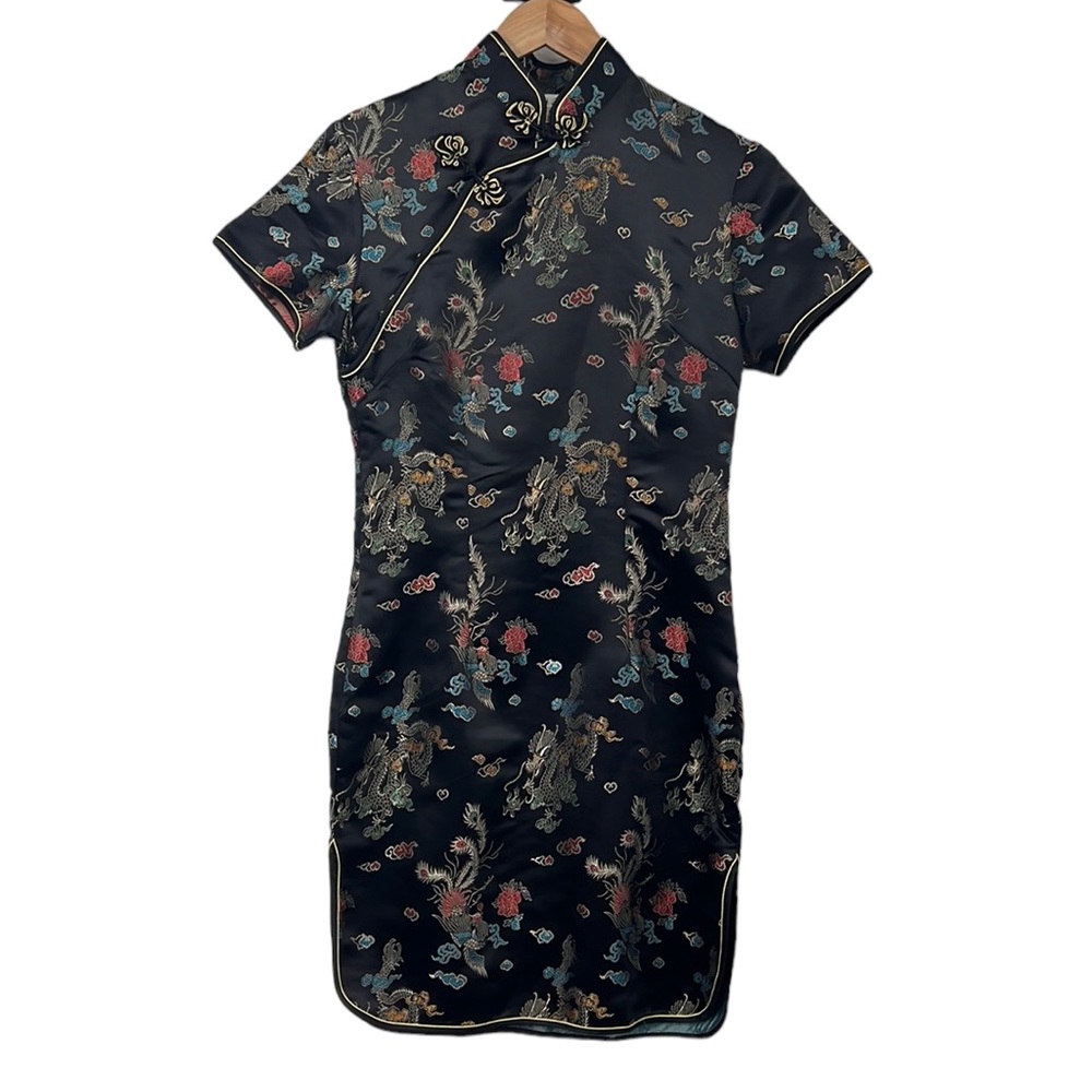 Yi Fang Dress Womens 36 Black Dragon Phoenix Chinese Traditional Short Sleeve